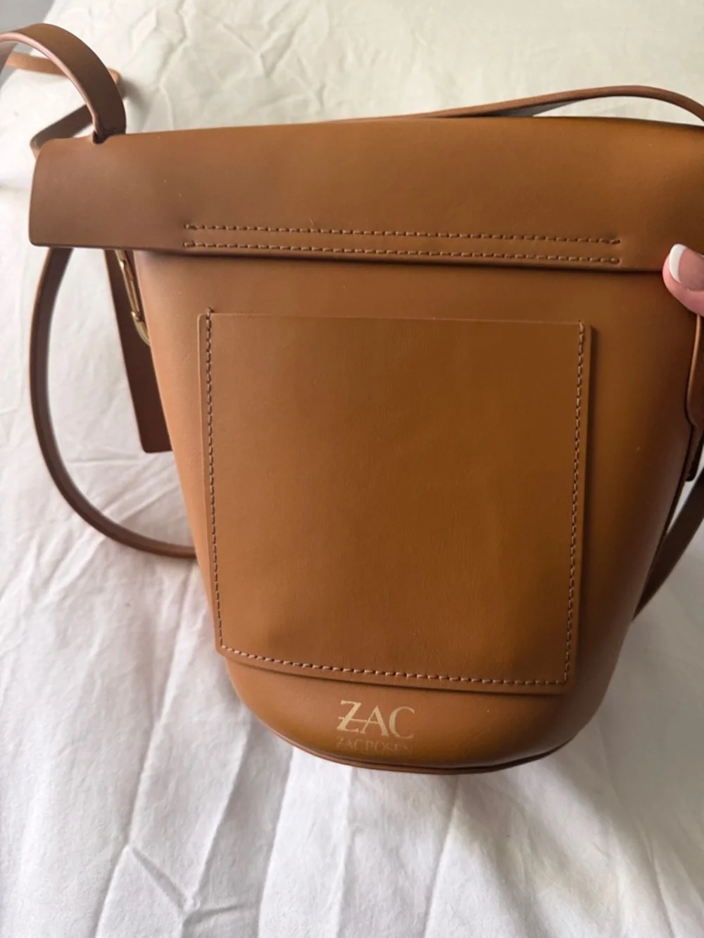 Zac Posen Caramel Brown Leather Crossbody with Gold Carabiner Detail - Picture 4 of 8